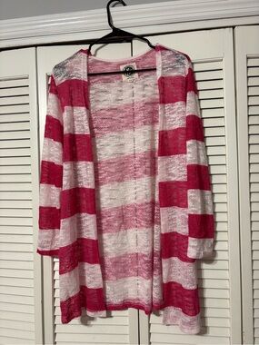 Striped Open-Front Pink and White Women’s Cardigan Sweater